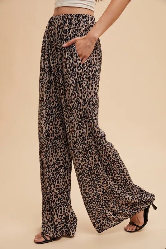 Annie Wear Leopard Plisse Lounge Wide Pants for Women - Love Salve