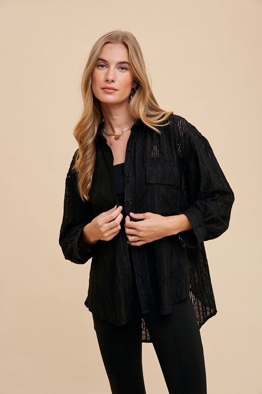 Annie Wear Openwork Button Down Drop Shoulder Shirt Women - Love Salve