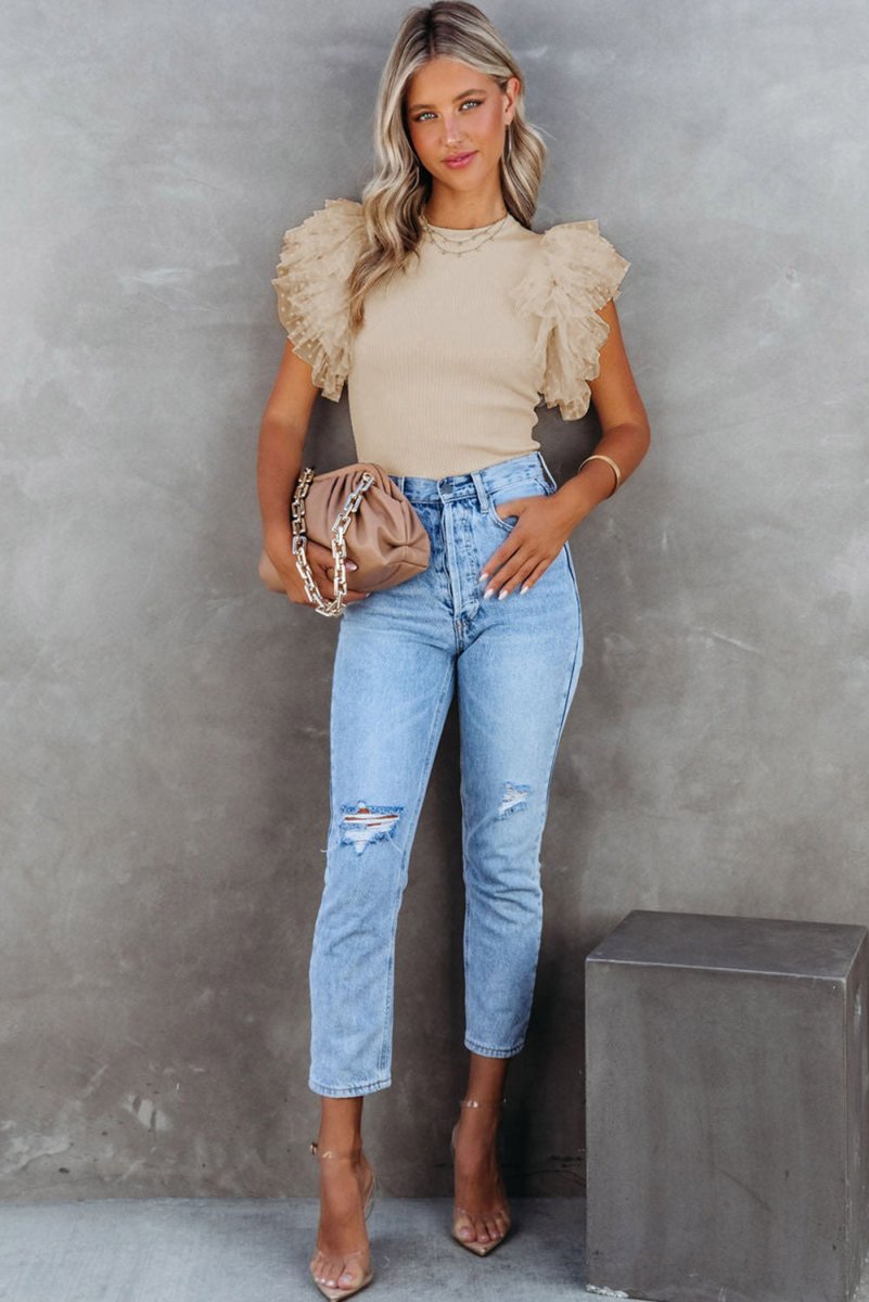 Apricot Dotty Mesh Ruffle Sleeve Ribbed Knit Top for Women - Love Salve