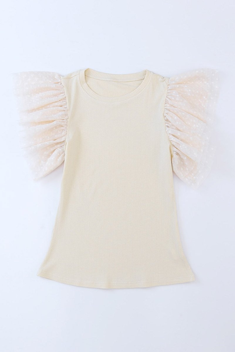 Apricot Dotty Mesh Ruffle Sleeve Ribbed Knit Top for Women - Love Salve