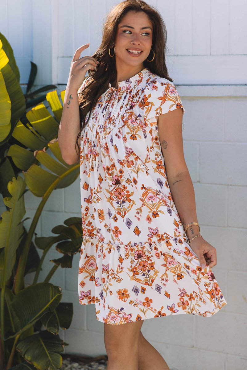 Apricot Floral Geometric Print Ruffled Trim Flutter Sleeve Dress - Love Salve