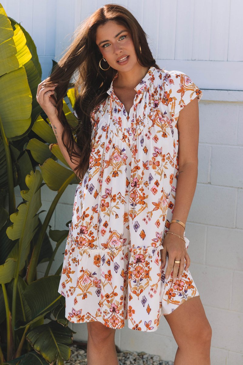 Apricot Floral Geometric Print Ruffled Trim Flutter Sleeve Dress - Love Salve