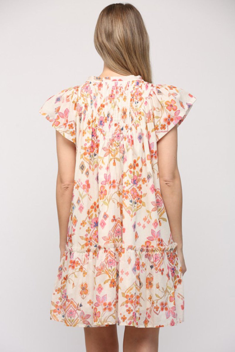 Apricot Floral Geometric Print Ruffled Trim Flutter Sleeve Dress - Love Salve