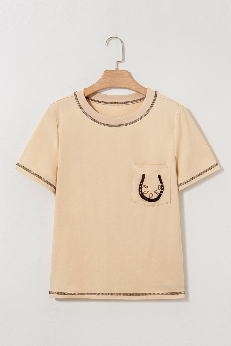 Apricot RODEO Horseshoe Embroidered Patch Pocket T Shirt - Love Salve