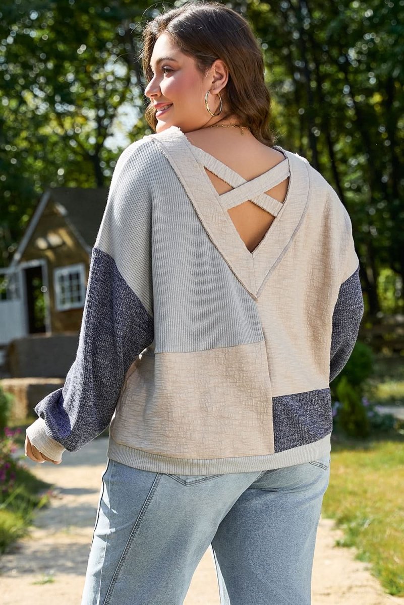 Ashleigh Blue Plus Size Textured Colorblock Patchwork V Neck Top - Love Salve