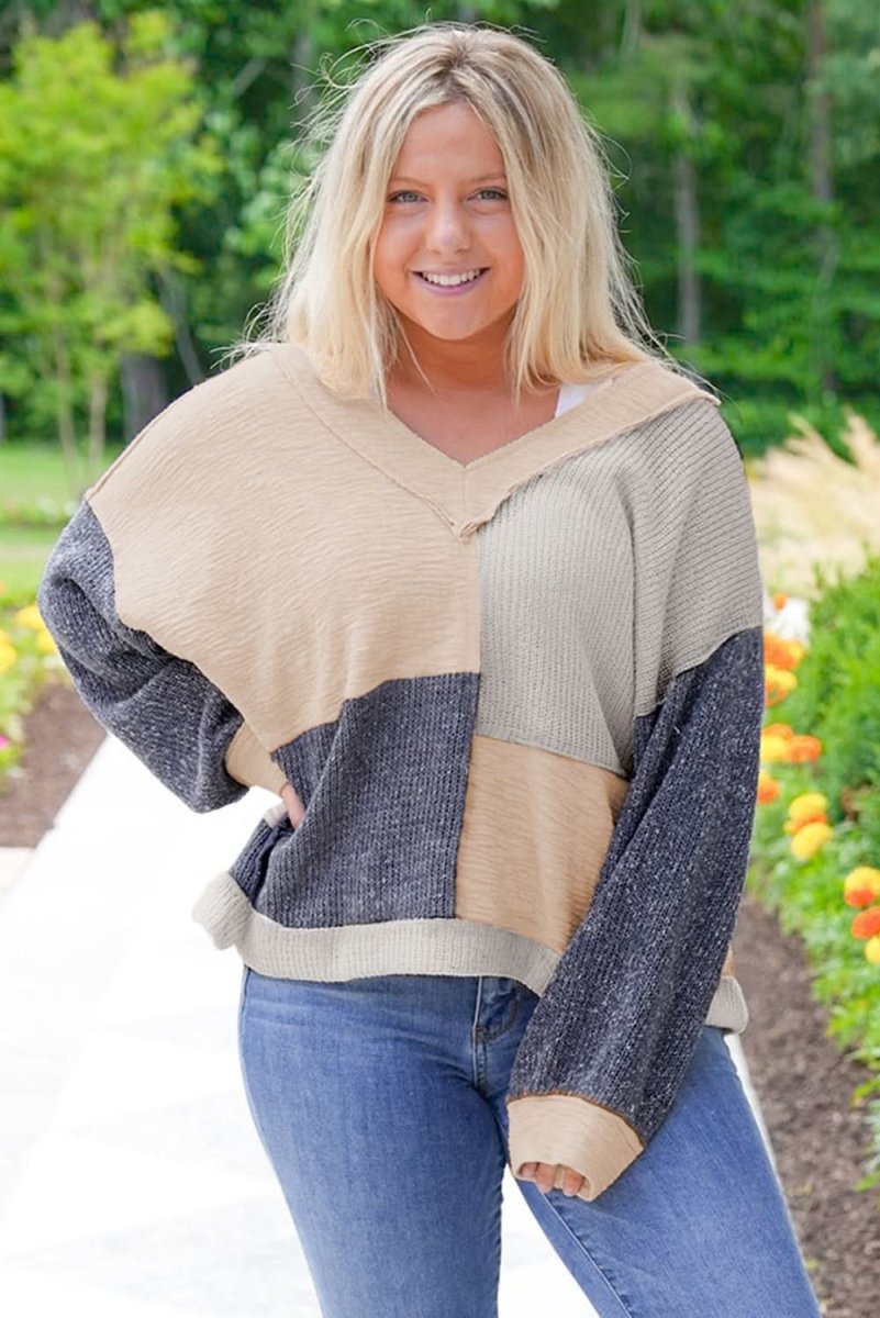 Ashleigh Blue Plus Size Textured Colorblock Patchwork V Neck Top - Love Salve