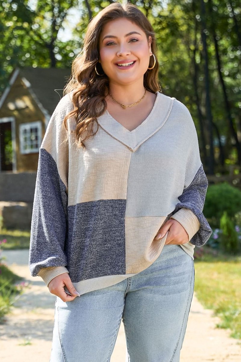Ashleigh Blue Plus Size Textured Colorblock Patchwork V Neck Top - Love Salve