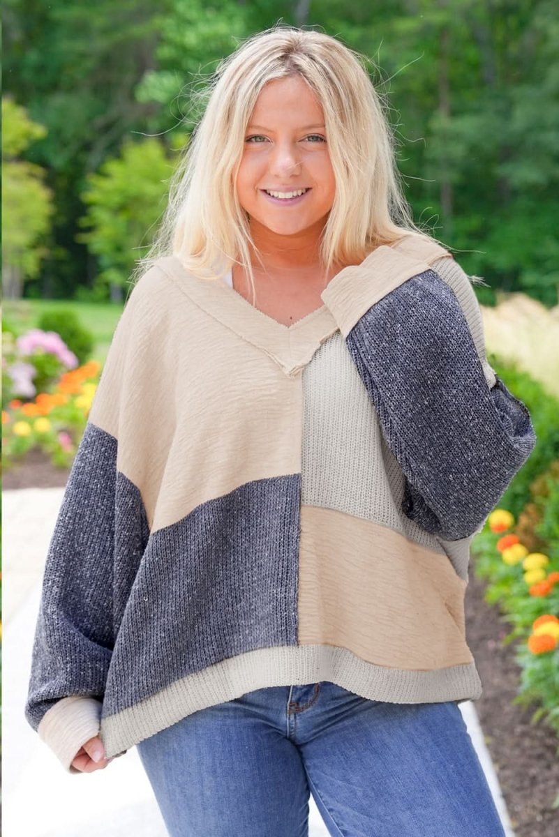 Ashleigh Blue Plus Size Textured Colorblock Patchwork V Neck Top - Love Salve