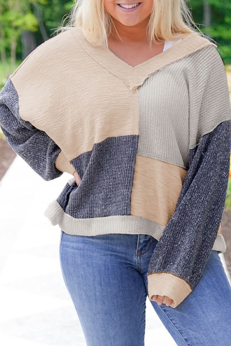 Ashleigh Blue Plus Size Textured Colorblock Patchwork V Neck Top - Love Salve