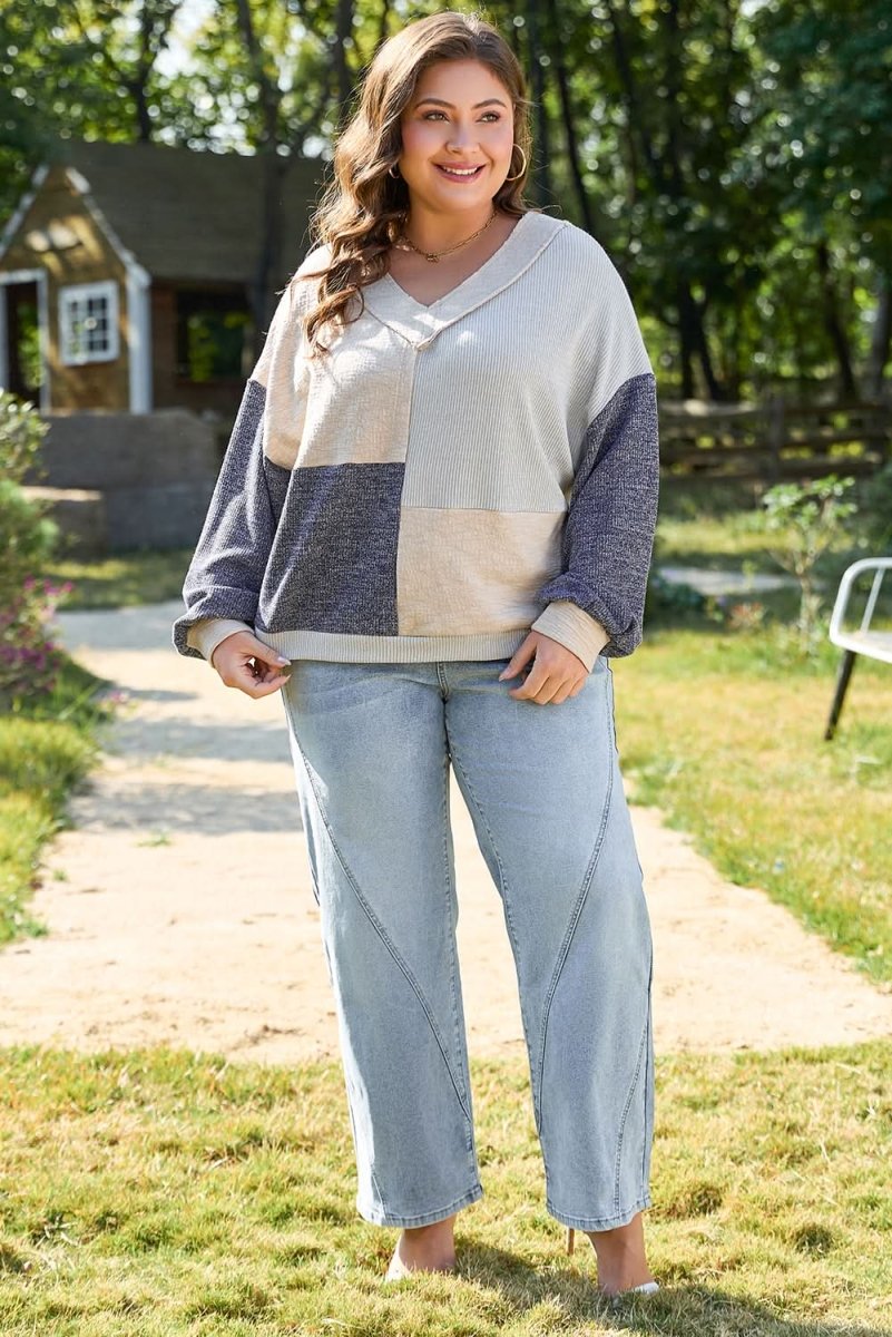 Ashleigh Blue Plus Size Textured Colorblock Patchwork V Neck Top - Love Salve