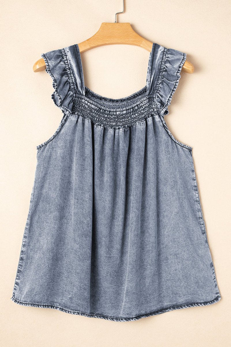 Ashleigh Blue Ruffled Shirred Neckline Sleeveless Denim Tank - Love Salve
