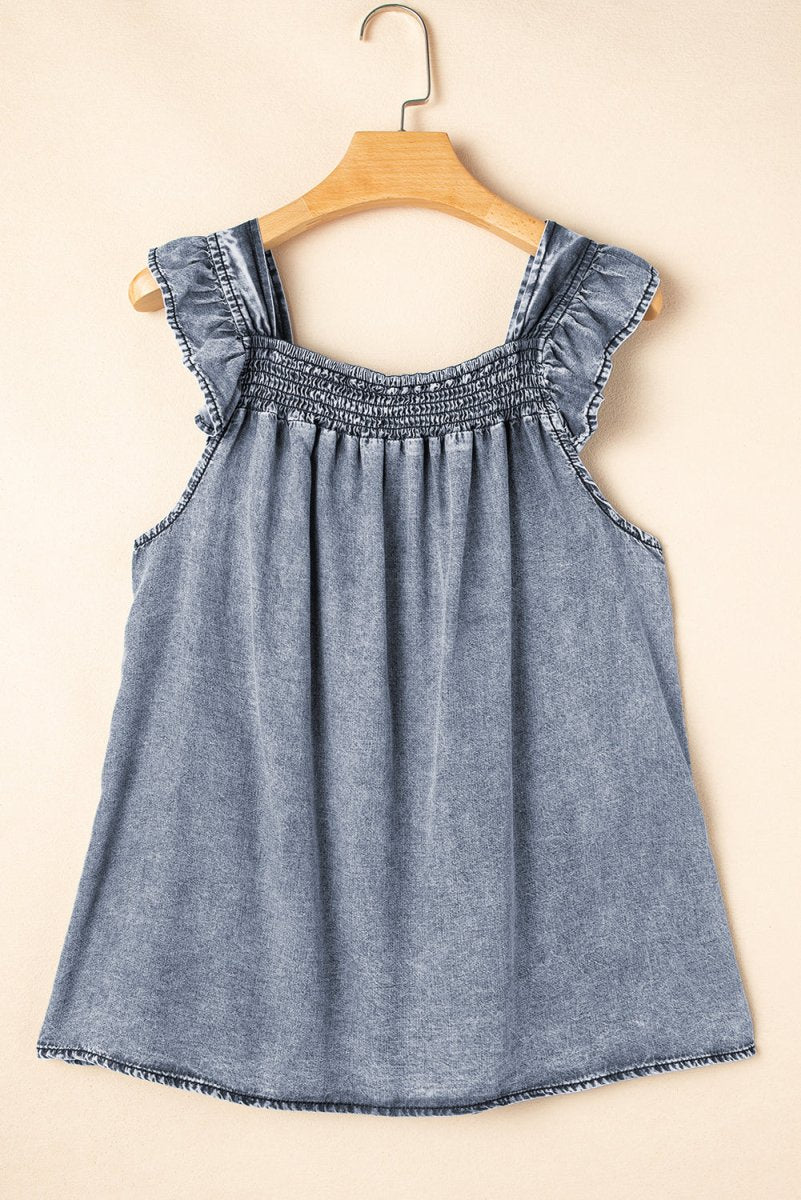 Ashleigh Blue Ruffled Shirred Neckline Sleeveless Denim Tank - Love Salve