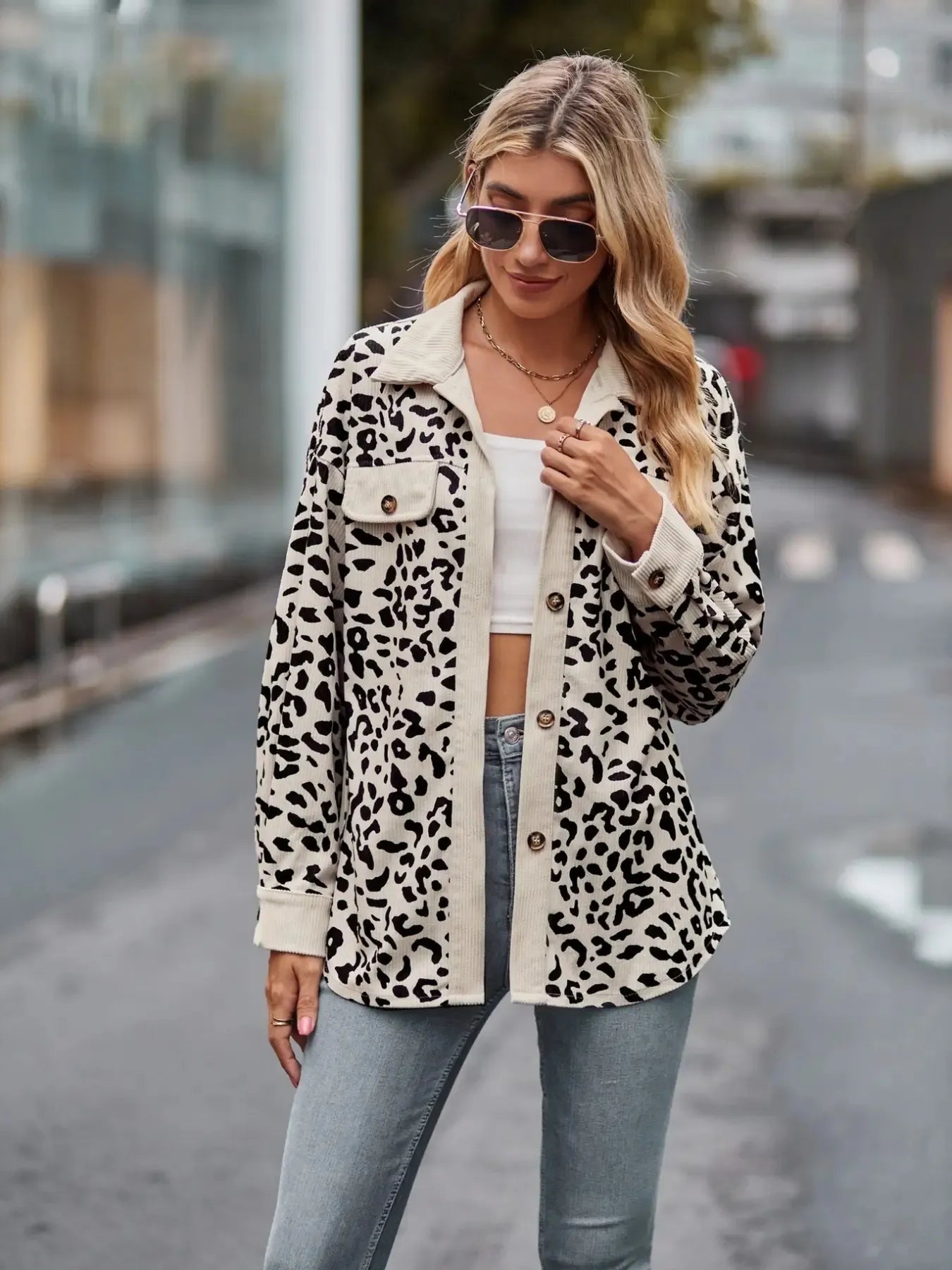 Leopard Print Button-Up Contrast Shacket