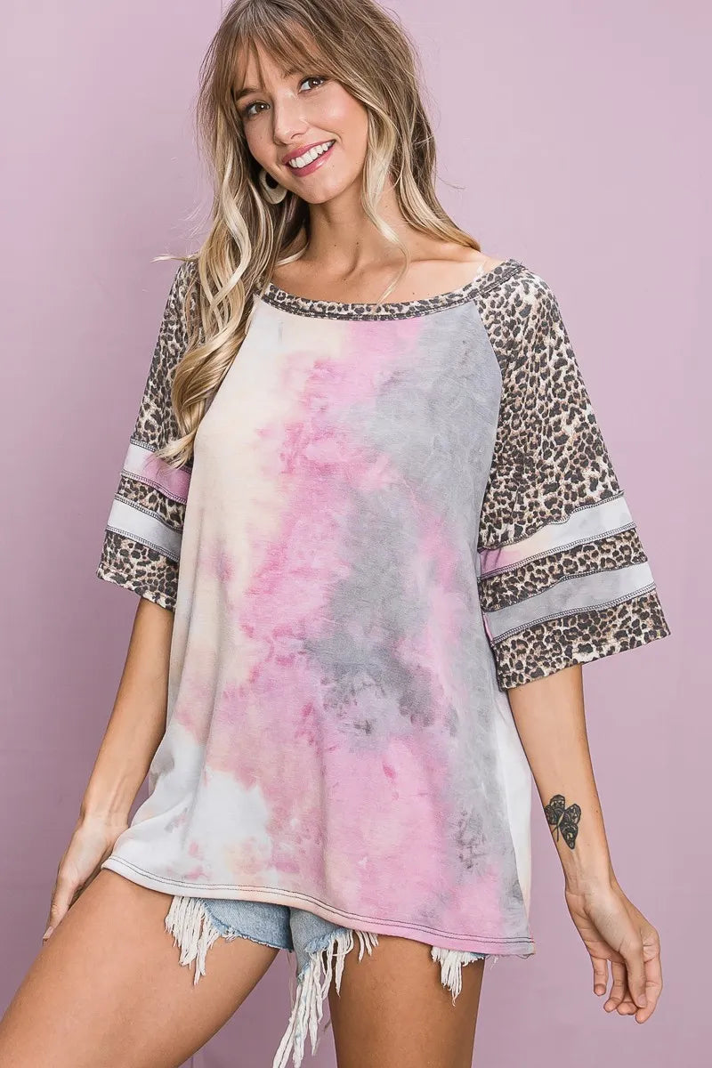 BiBi Tiedye French Terry with Leopard Sleeve Top - Love Salve