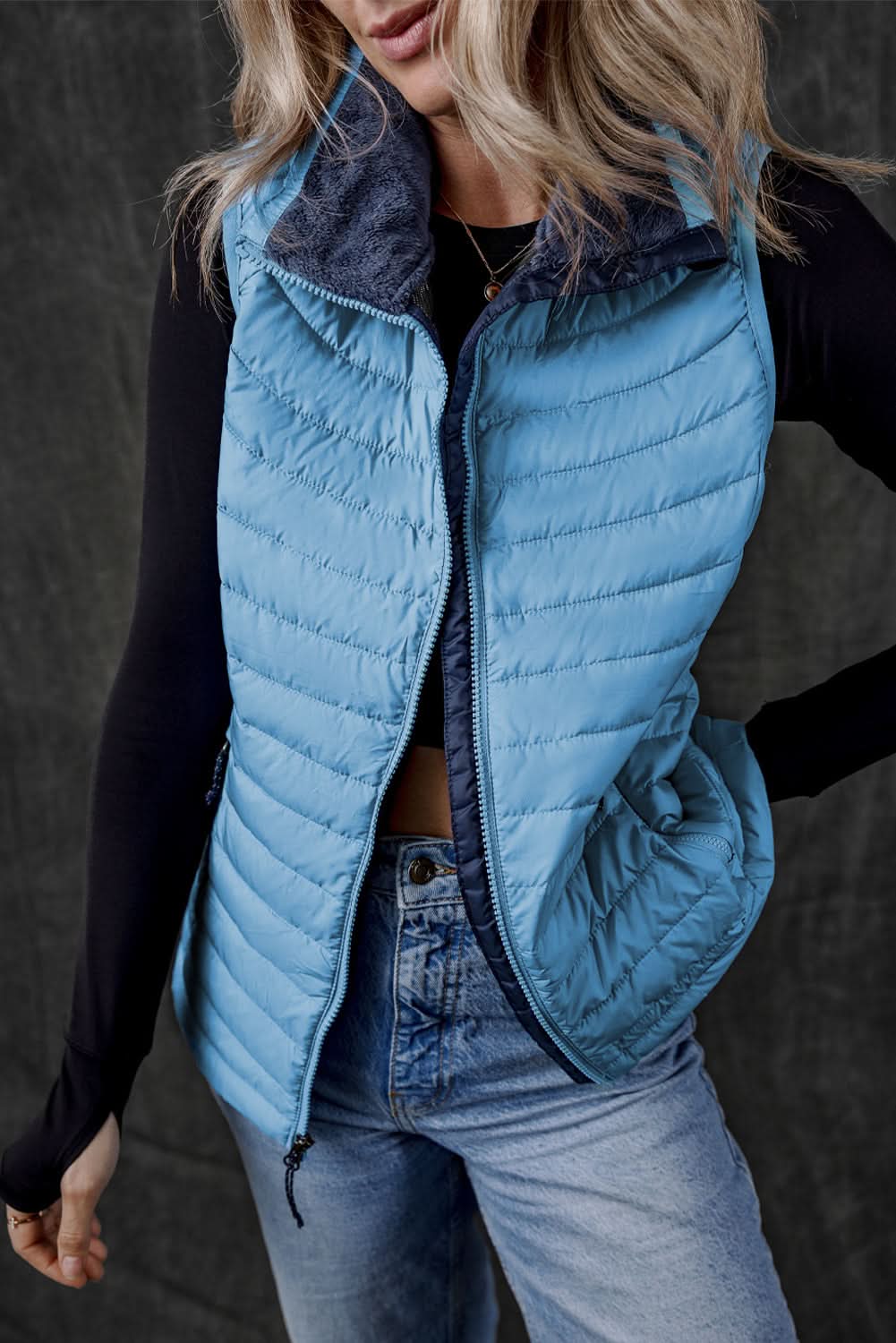 Sky Blue Plush Collared Quilted Zipped Puffer Vest - Love Salve