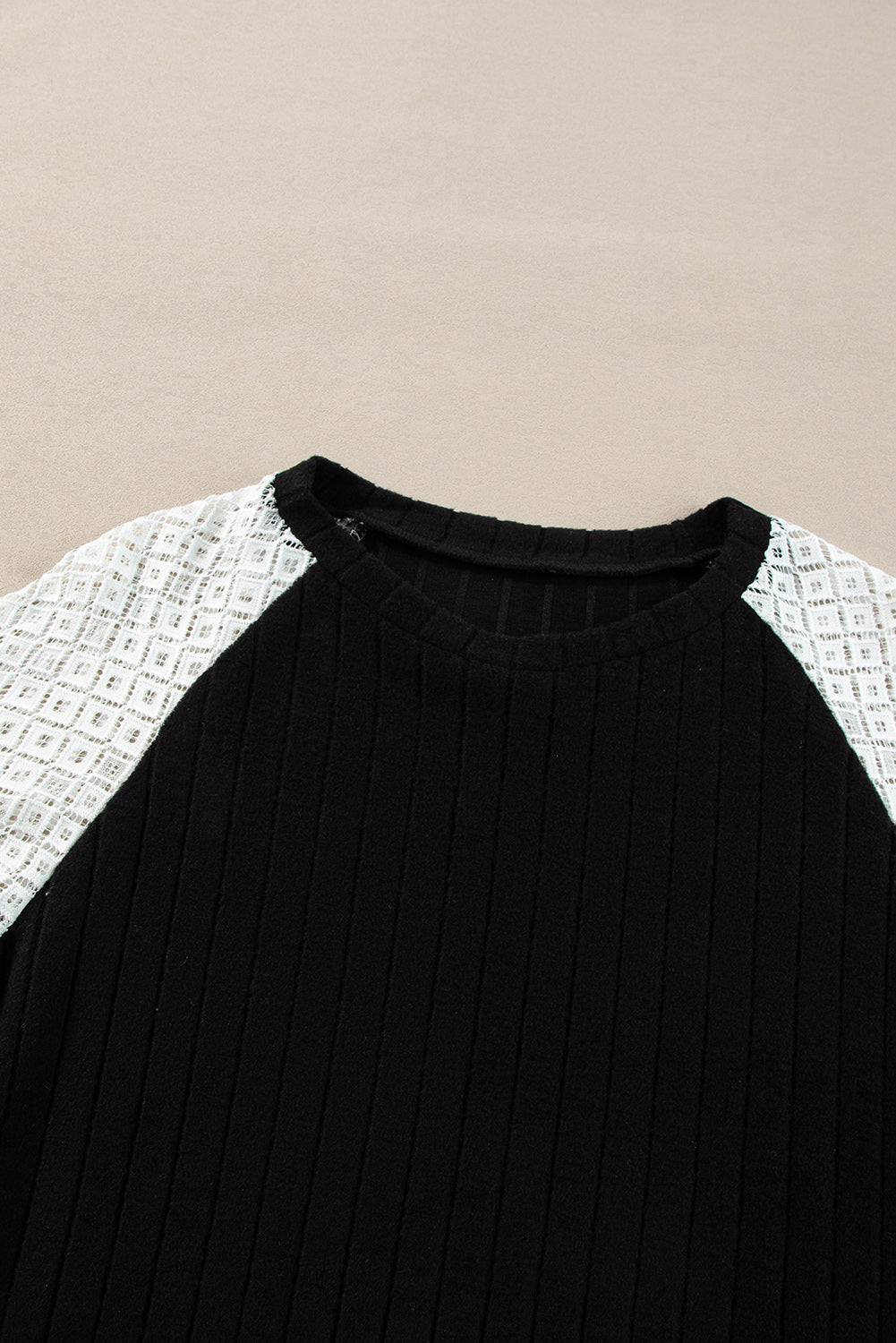 Bailey Patchwork Long Sleeve Ribbed Blouse with Floral Lace Detail - Love Salve