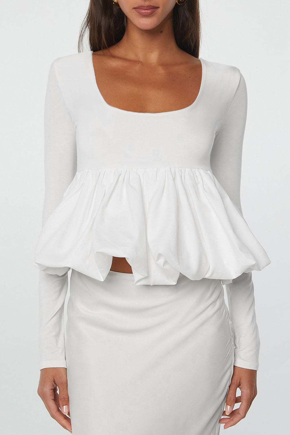 White U Neck Long Sleeve Bubble Hem Top for Women