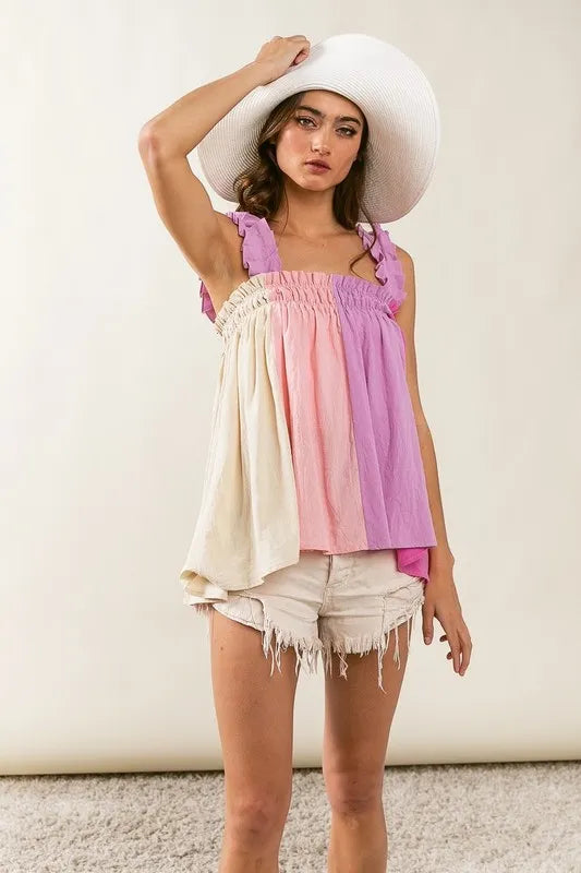 BiBi Frill Shoulder Strap Color Block Bodice Top - Love Salve