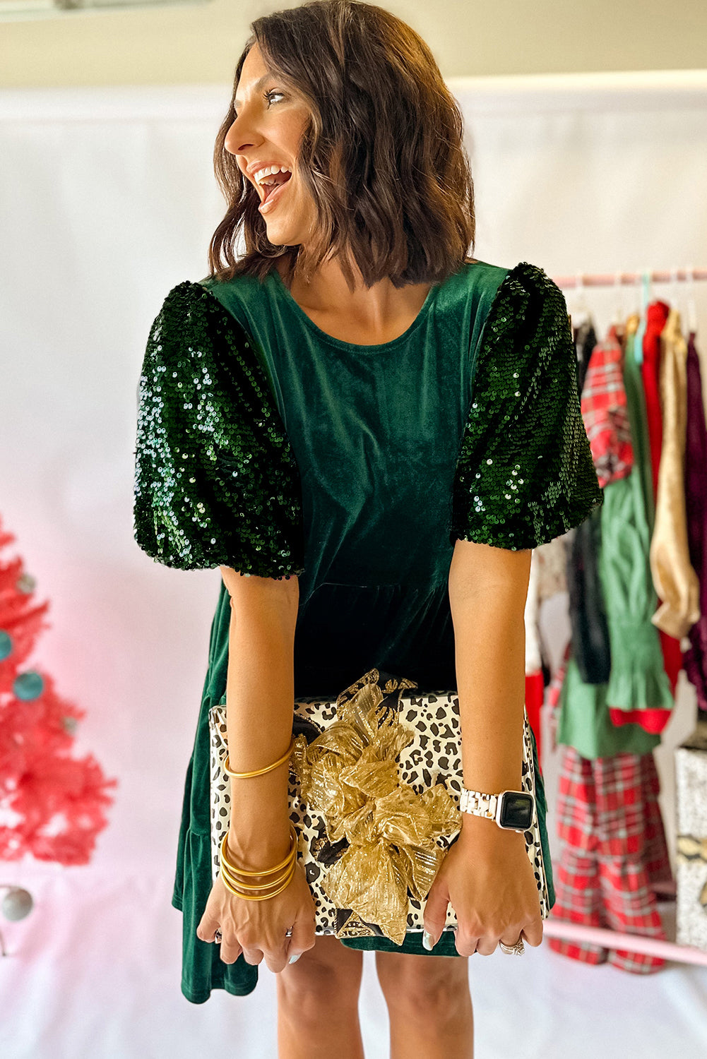 Evergreen Sequin Puff Sleeve High Waist Velvet Mini Dress