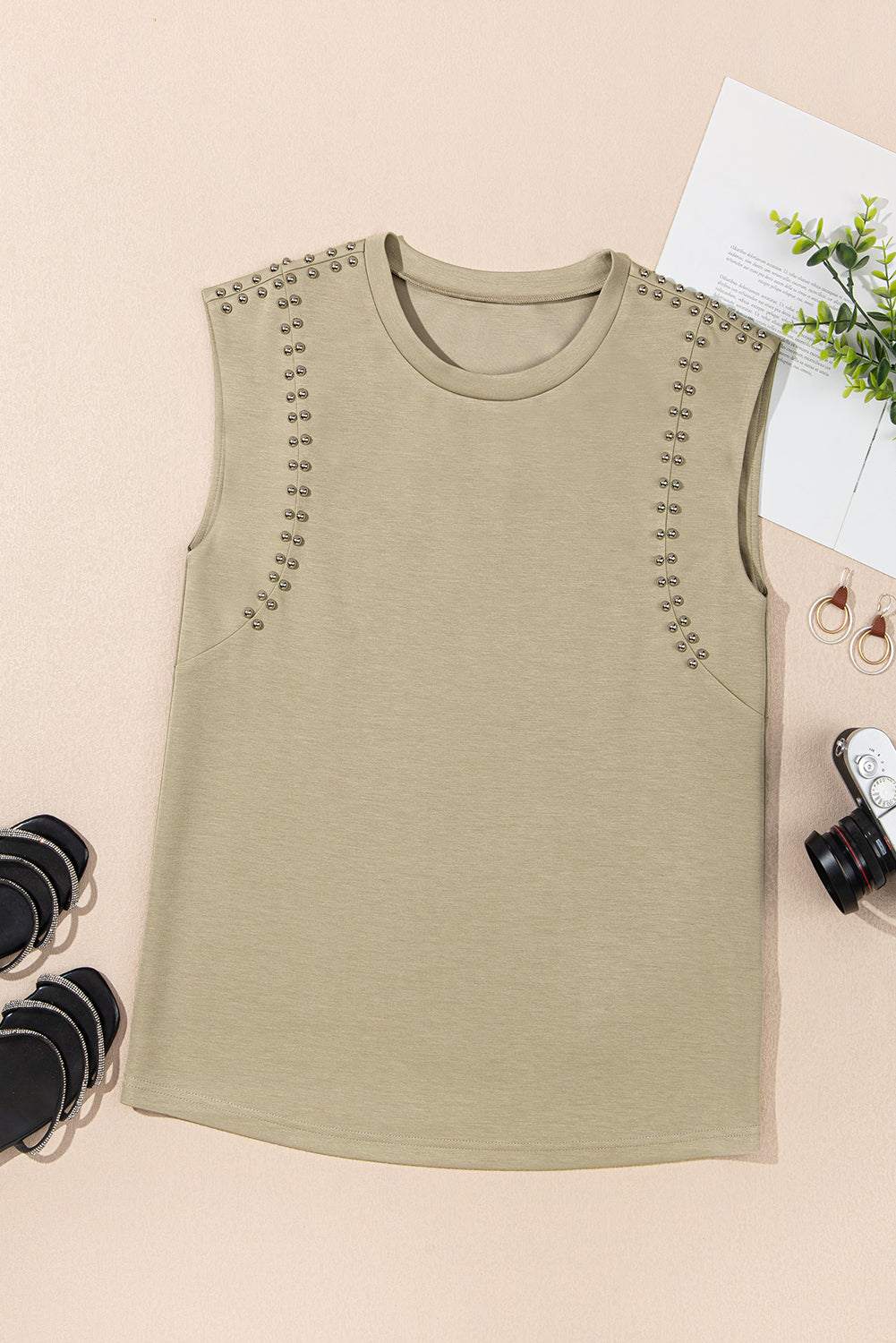 Sage Green Studded Cap Sleeve Round Neck T Shirt for Women