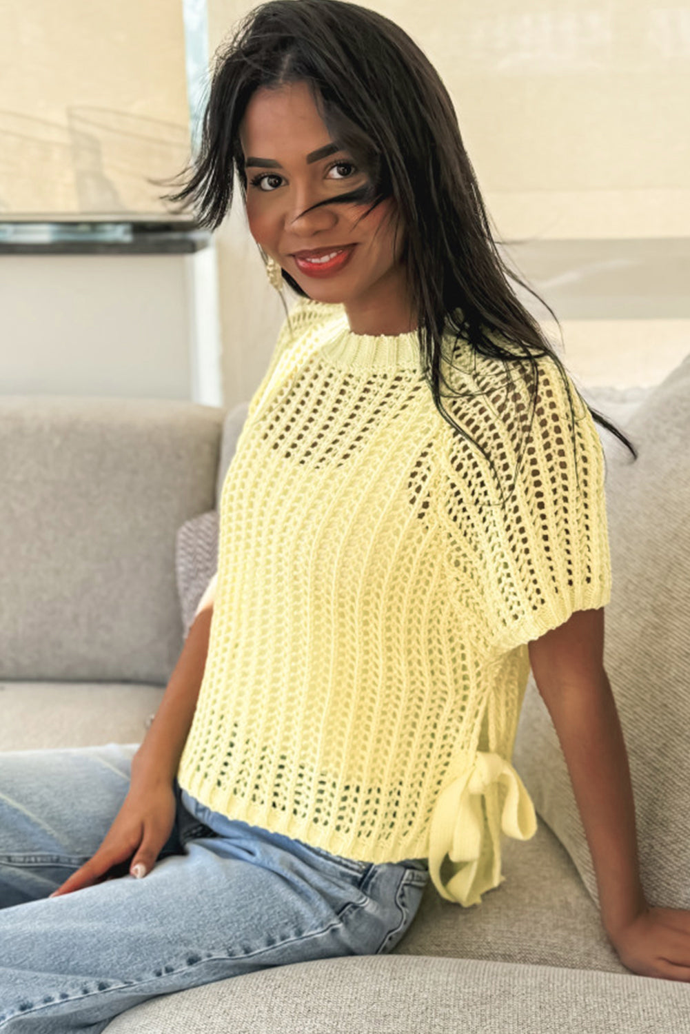Yellow Cream Hollow-out Crochet Side Tied Short Sleeve Sweater