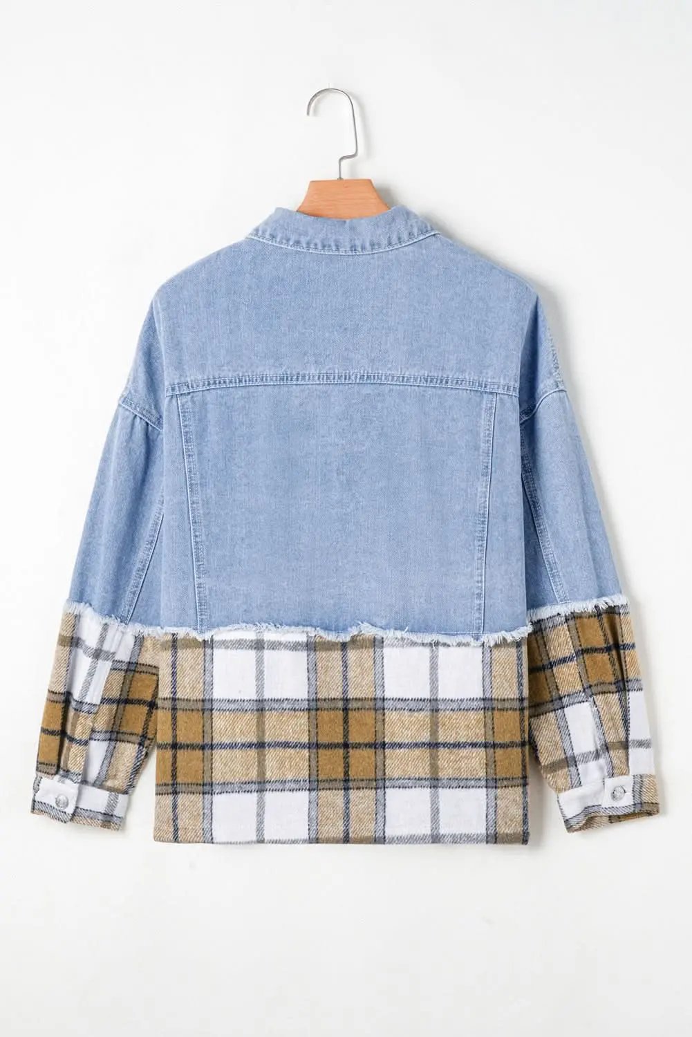 Khaki Plaid Patchwork Buttoned Oversized Denim Jacket - Love Salve