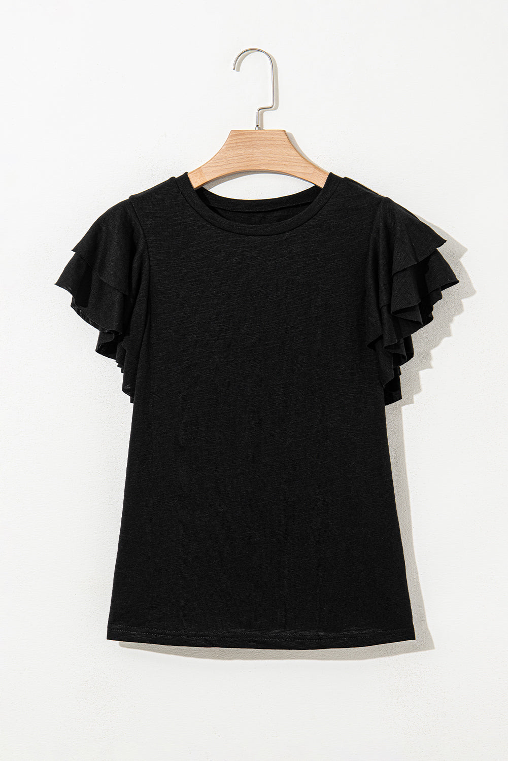 Black Layered Ruffle Short Sleeve Round Neck Top for Women
