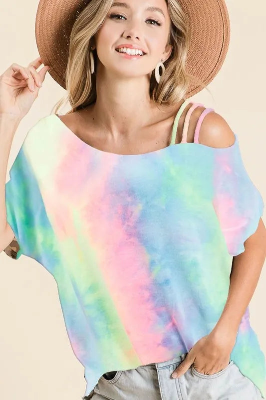 BiBi Tie Dye French Terry Strapped One Shoulder Top - Love Salve