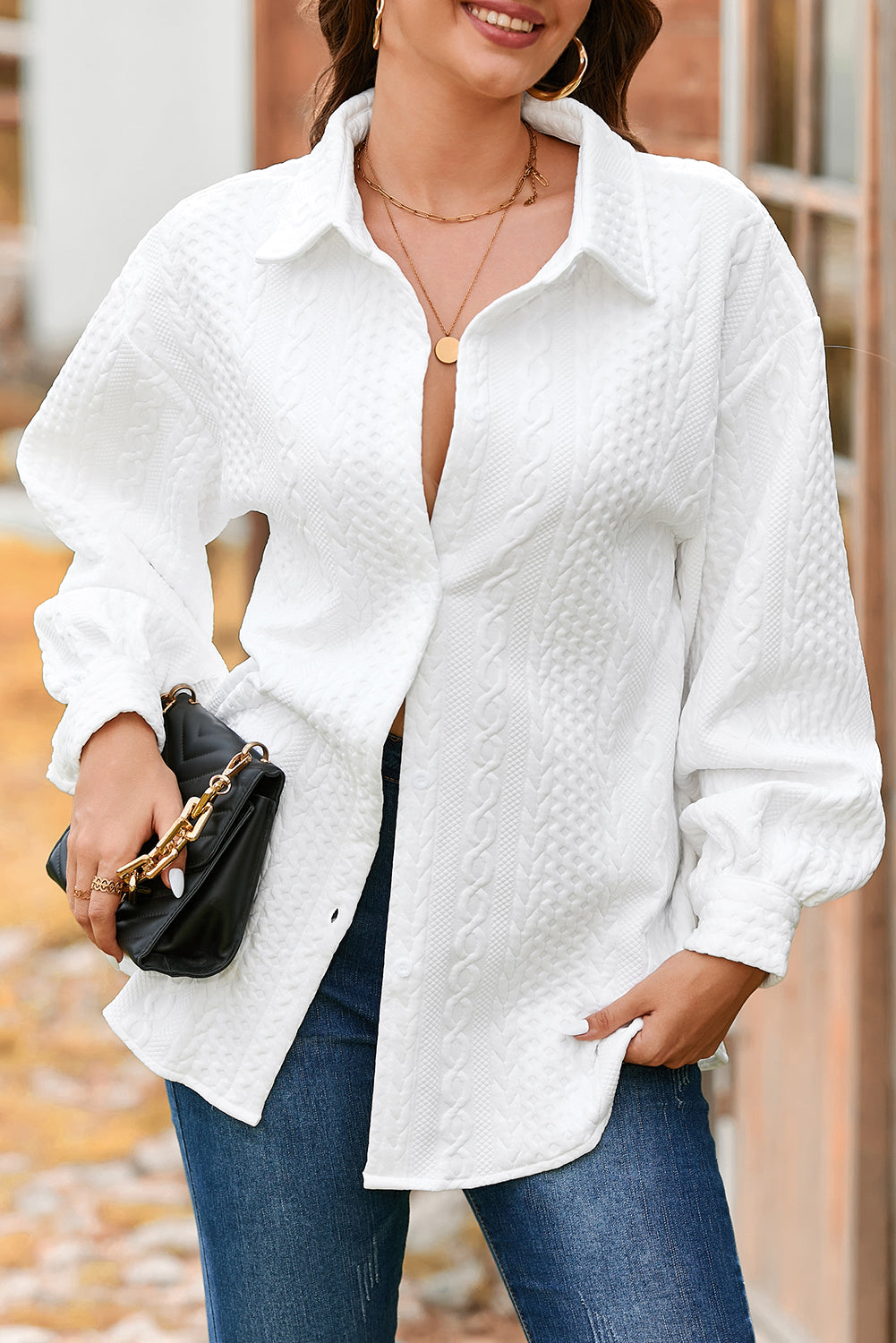 White Cable Texture Puff Sleeve Loose Shacket Casual Wear