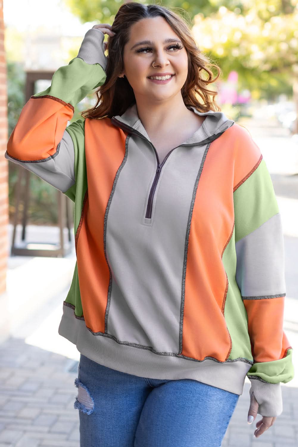 Light Grey Color Block Stitching Detail Half Zipper Sweatshirt - Love Salve