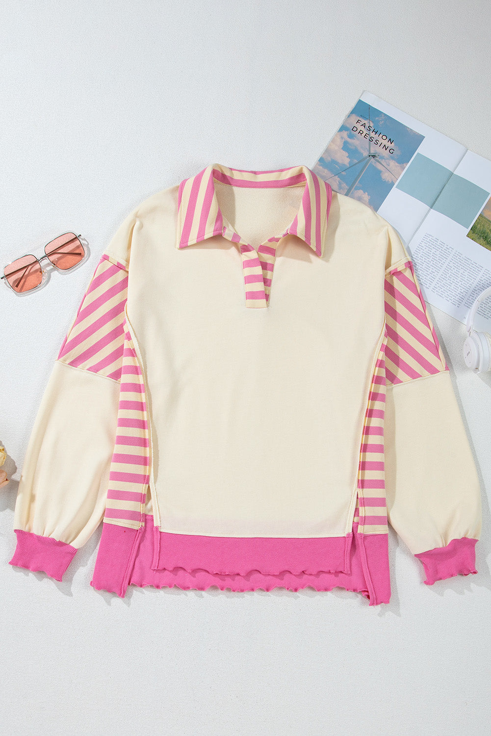 Juliana Patchwork Terry Knit Pullover Top with Collared Neckline - Love Salve