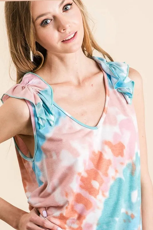BiBi Circular Tie Dye Knit V Neck Top With Ruffle - Love Salve