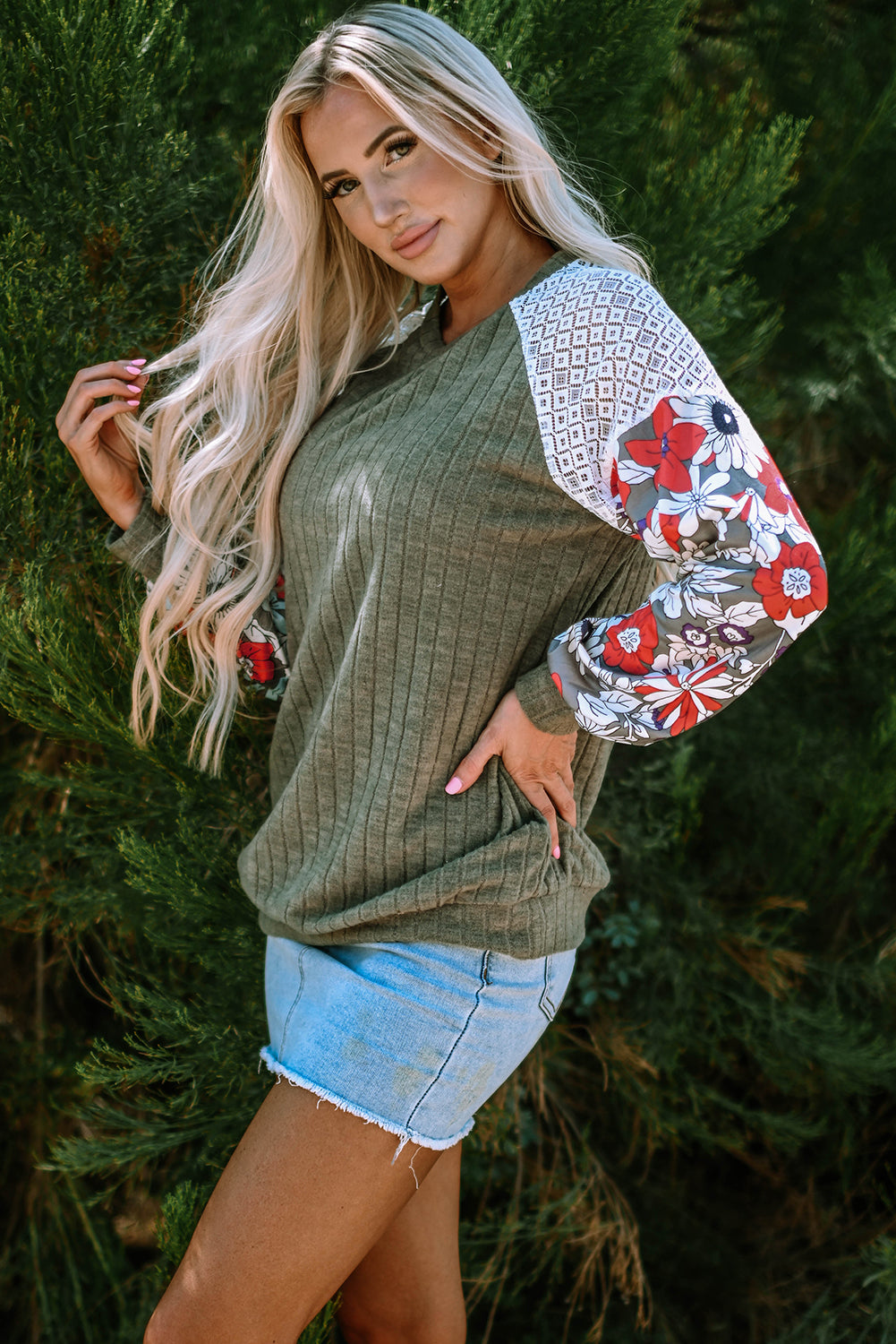 Bailey Patchwork Long Sleeve Ribbed Blouse with Floral Lace Detail - Love Salve