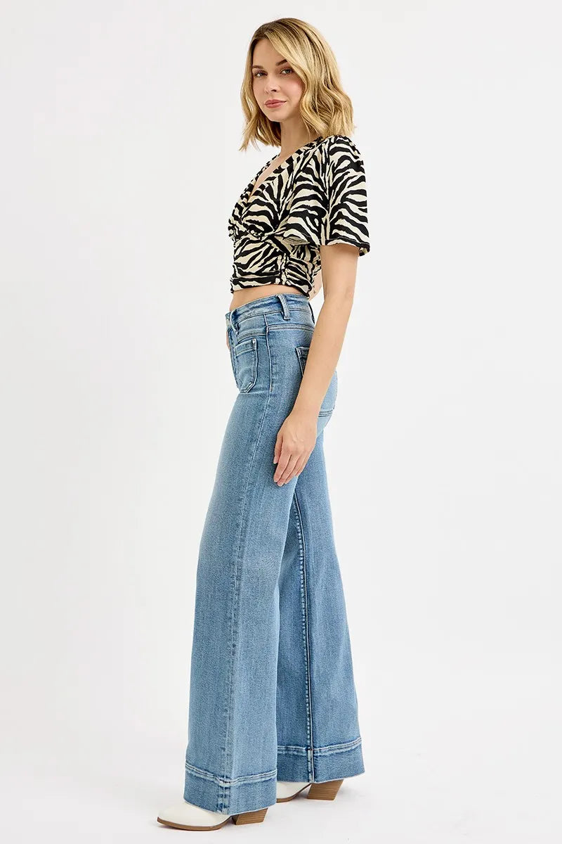 Risen Full Size High Rise Wide Flare Patch Pocket Jeans Plus Size - Love Salve