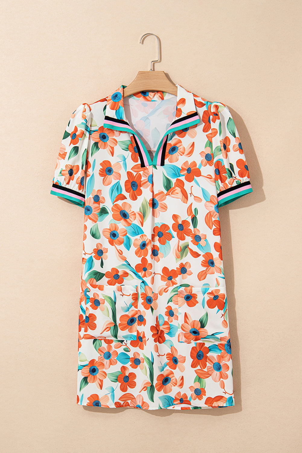 Orange Contrast Trim Floral Split Neck Puff Sleeve Mini Dress