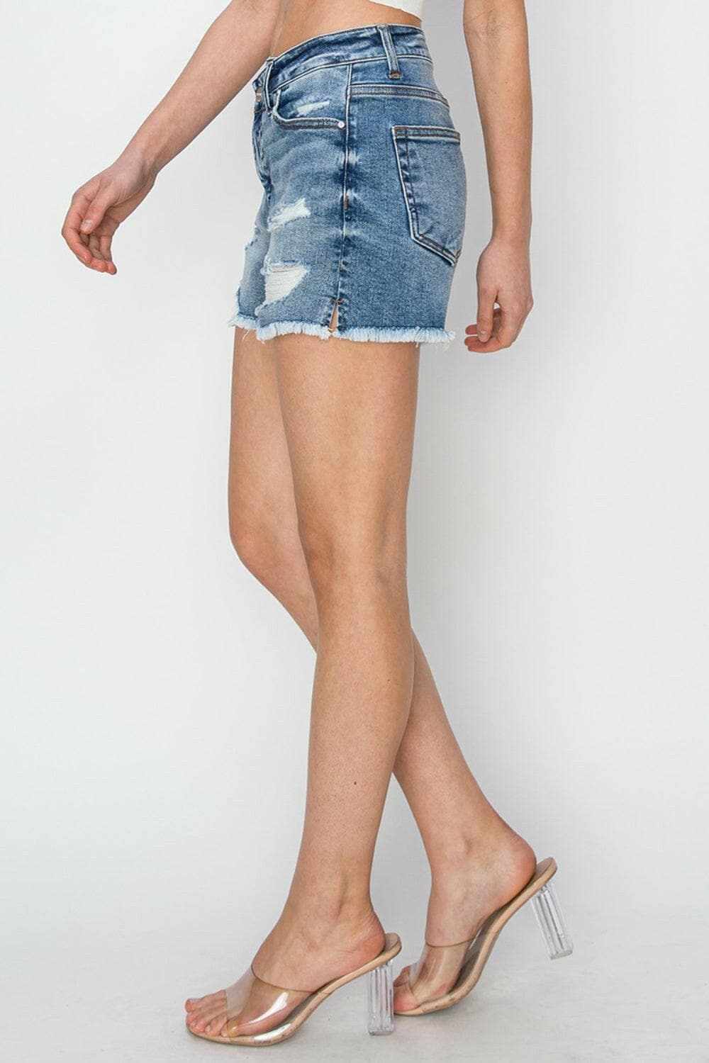 Risen frayed denim shorts, stepped waist - Love Salve