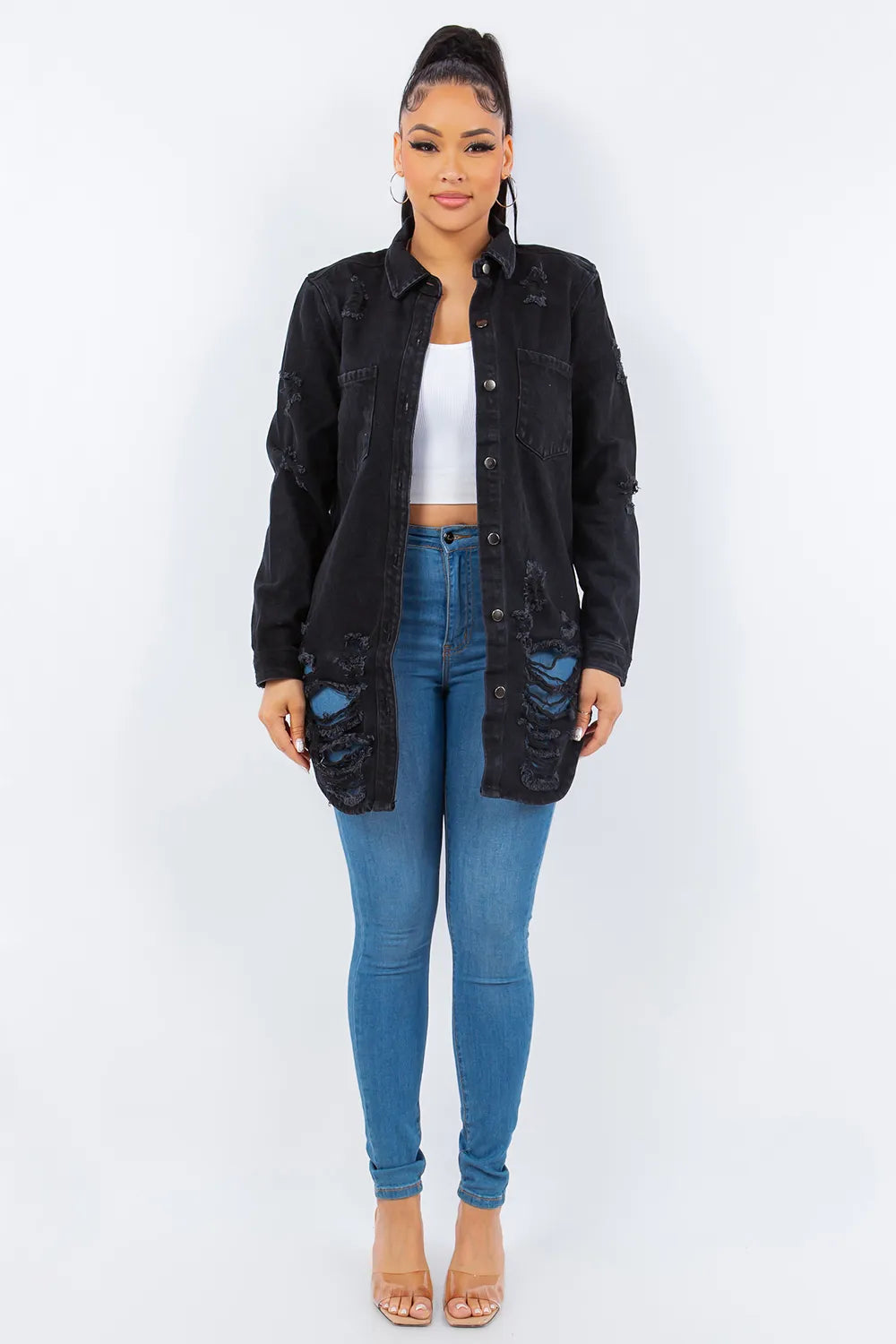 American Bazi Distressed Button Up Long Sleeve Denim Jacket - Love Salve