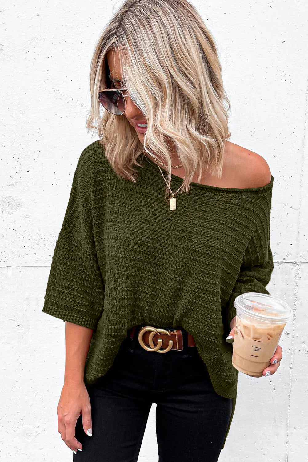 Green Textured Knit Drop Shoulder Short Sleeve Sweater for Women