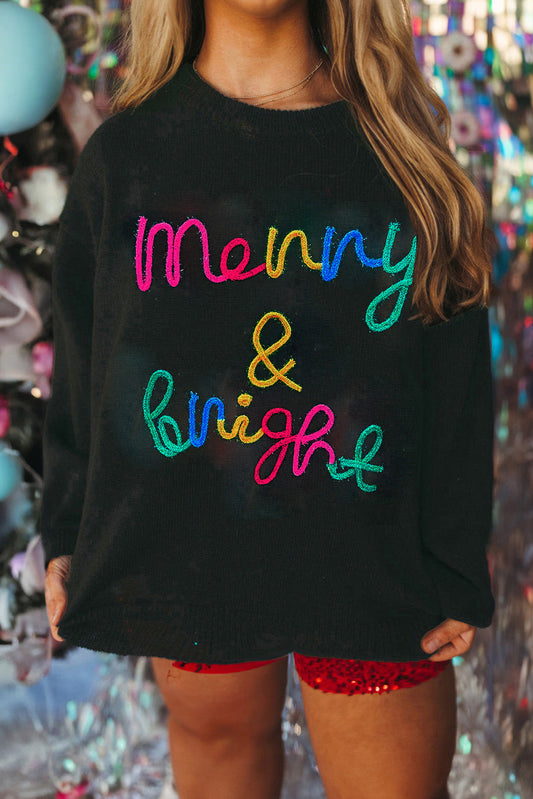Black Tinsel Merry And Bright Round Neck Plus Size Sweater Dear-Lover Dropshipping