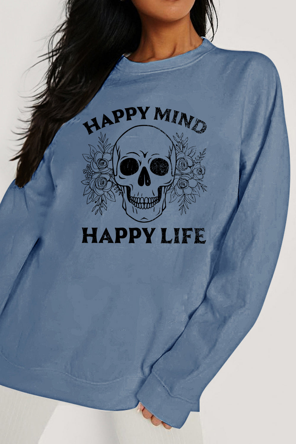 Simply Love Skull Sweatshirt: Happy Mind, Happy Life