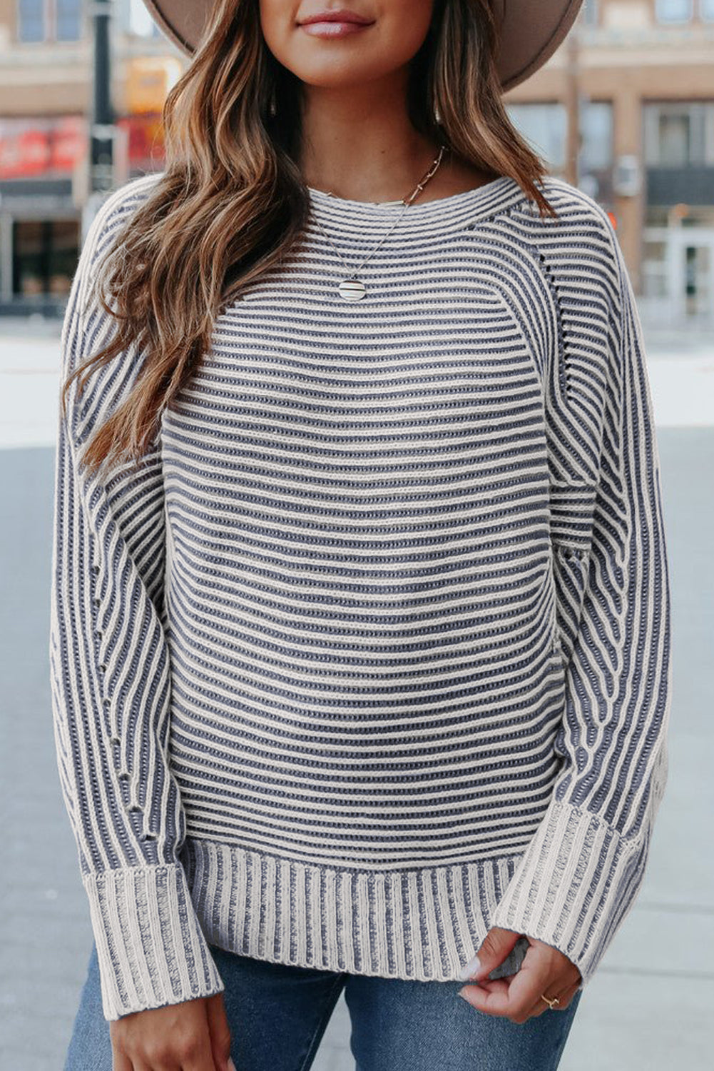 Ashleigh Blue Striped Ribbed Knit Baggy Boat Neck Sweater