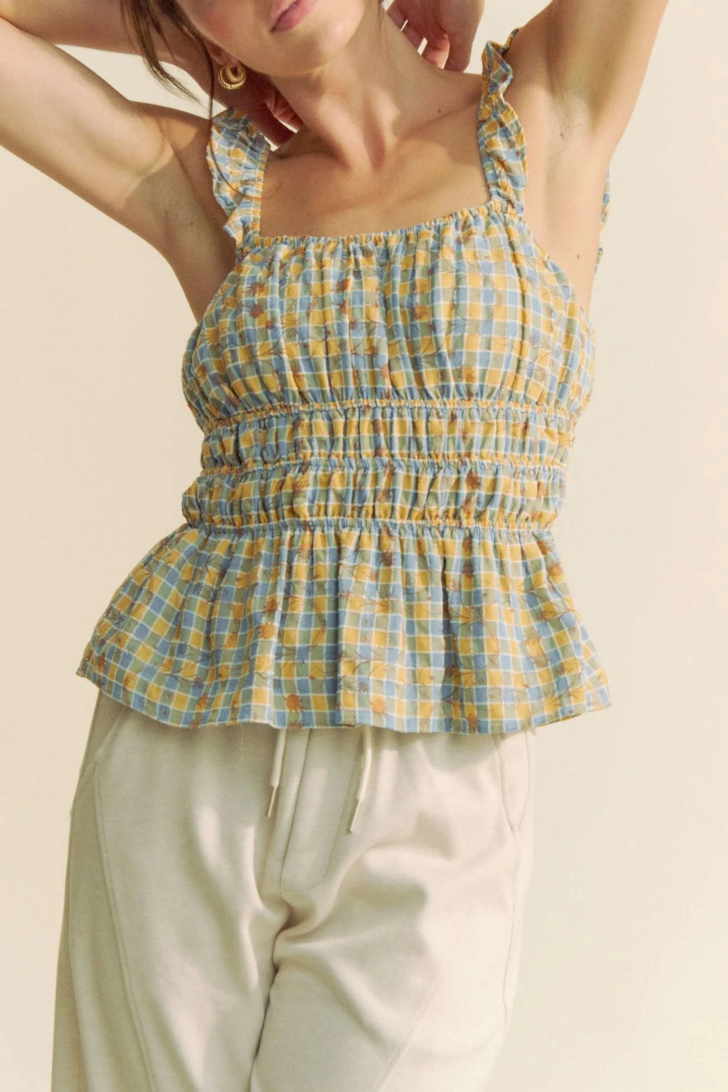 Davi & Dani Plaid Ruffled Strap Smocked Sleeveless Top - Love Salve