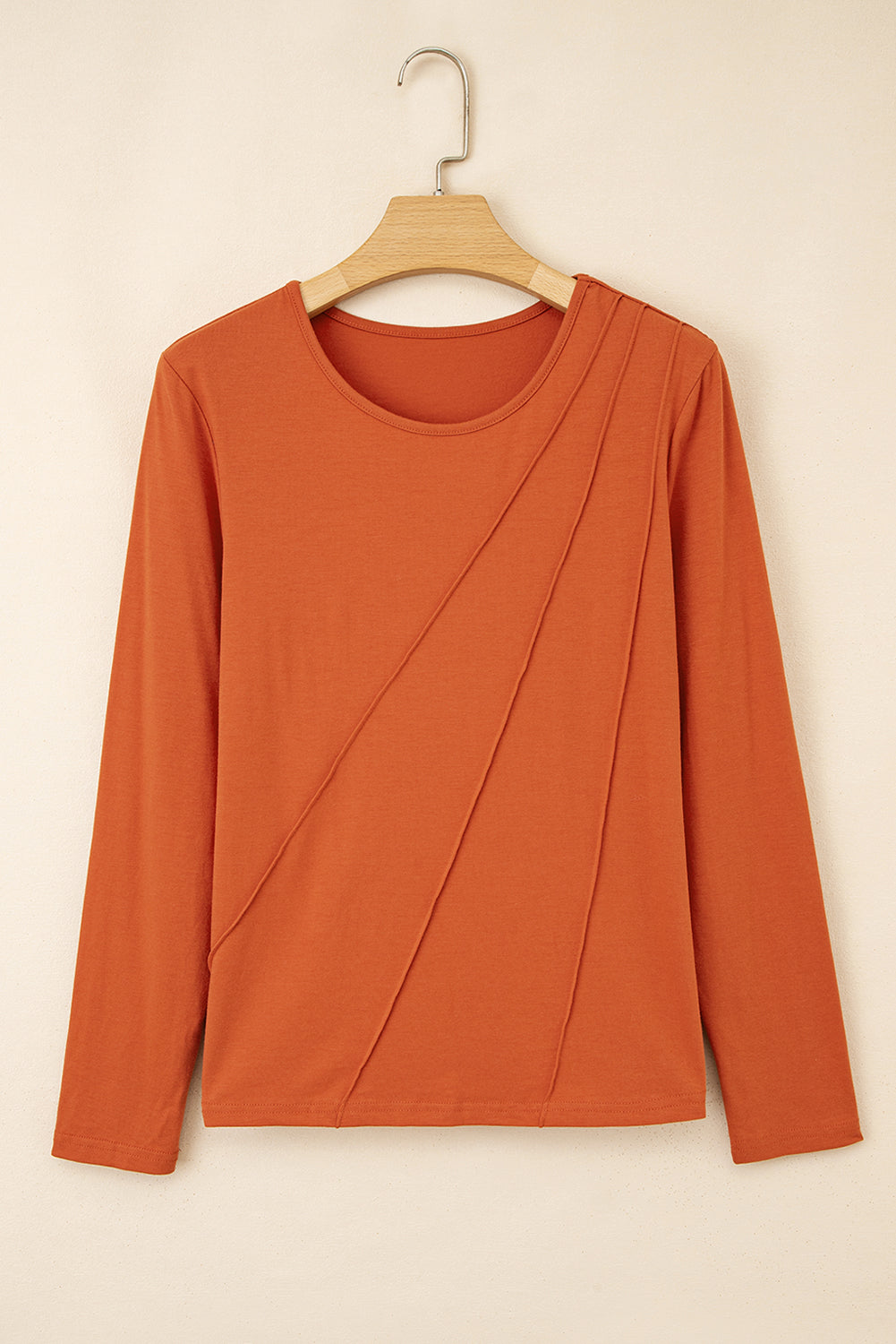 Red Clay Asymmetric Seam Detail Solid Color Long Sleeve Top