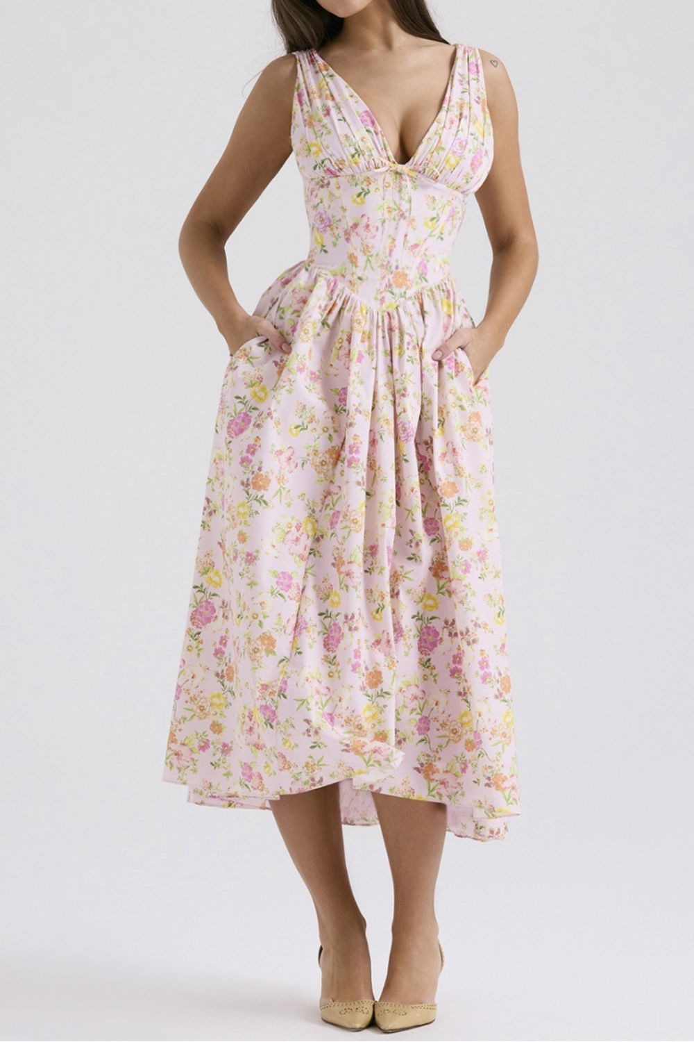 Garden Muse V-Neck Midi Dress with Pockets