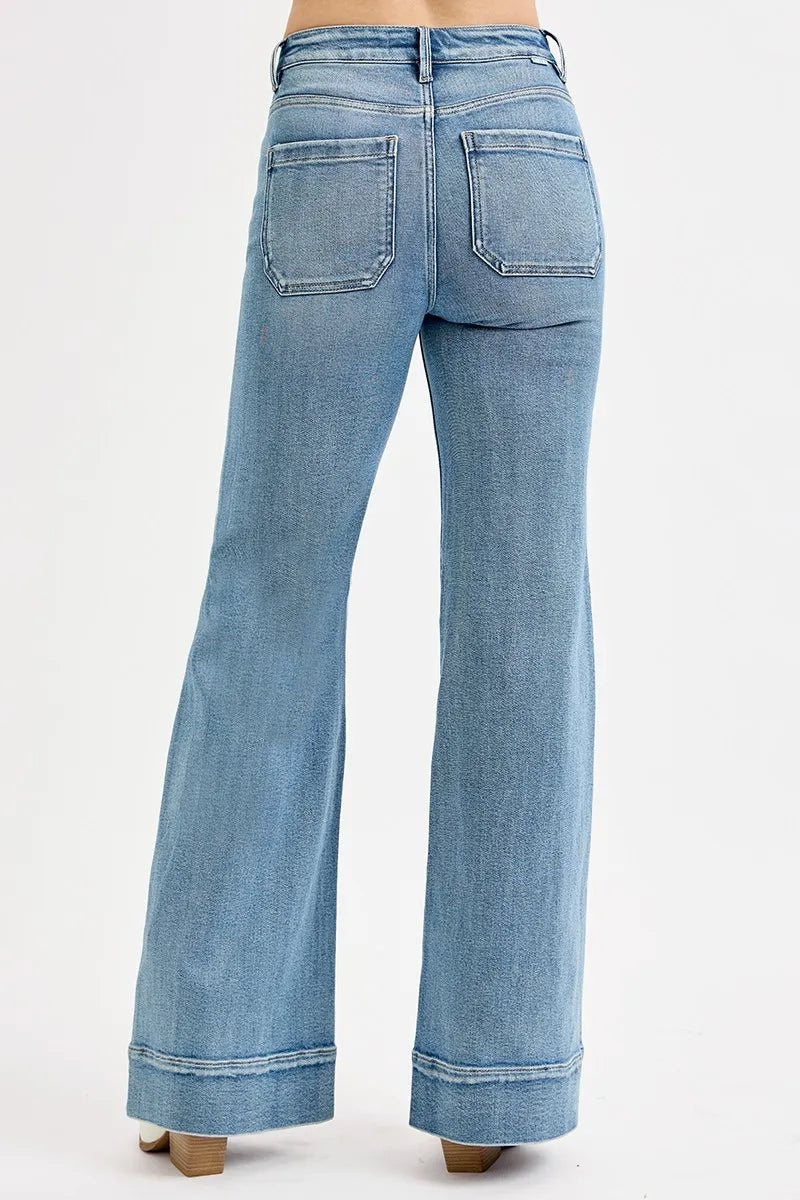Risen Full Size High Rise Wide Flare Patch Pocket Jeans Plus Size - Love Salve