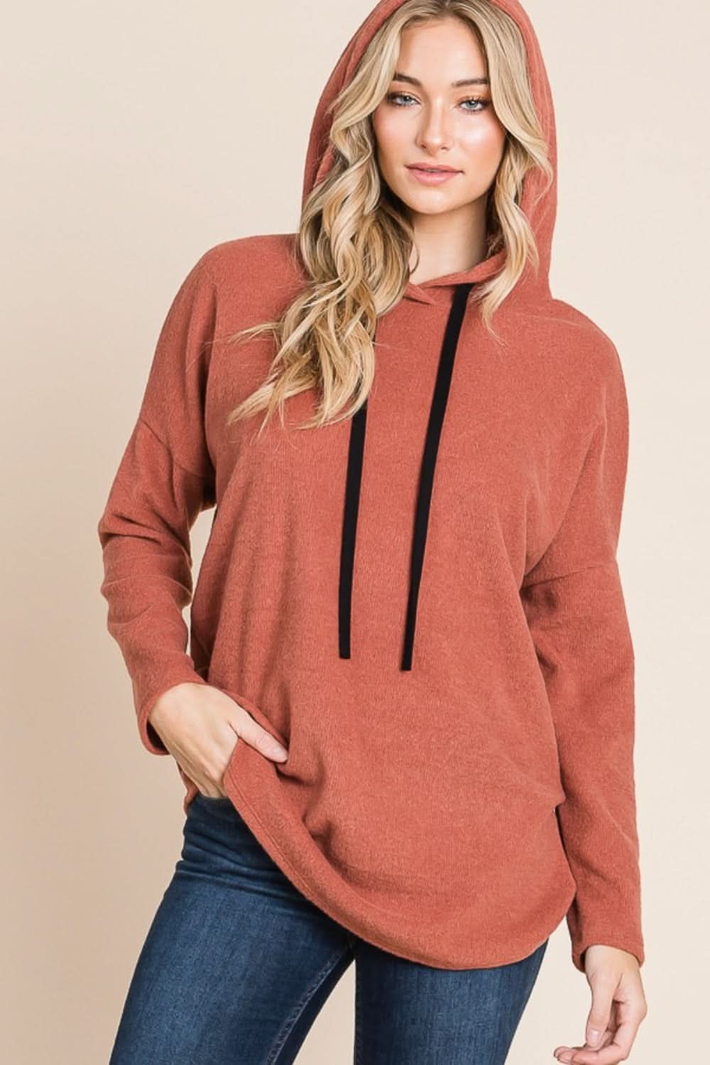 BOMBOM Contrast Drawstring Drop Shoulder Knit Hoodie - Love Salve