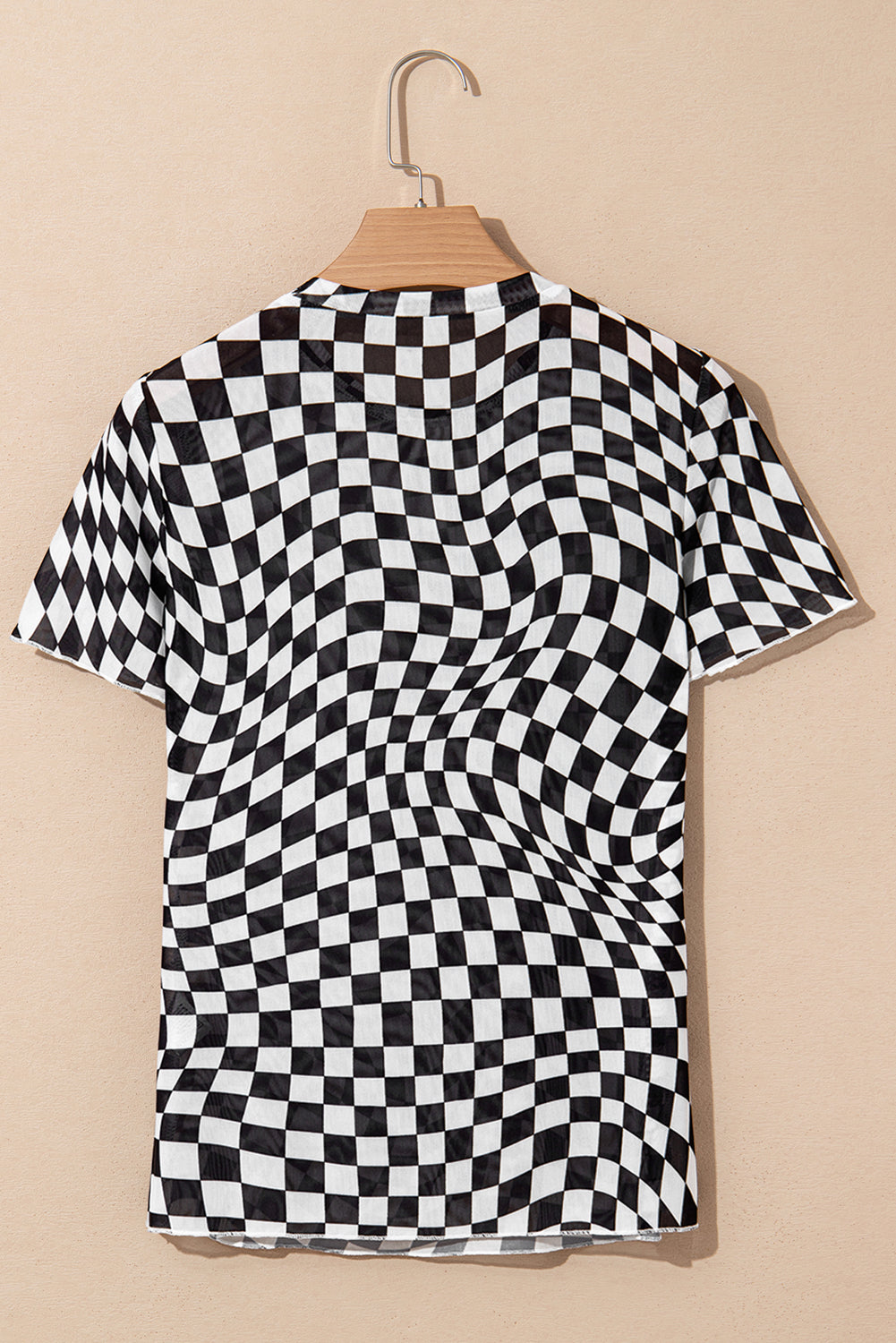 Black Checker Mesh Crew Neck T Shirt for Women Fashion