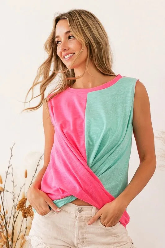 BiBi Slub Terry Color Block Twisted Top - Love Salve