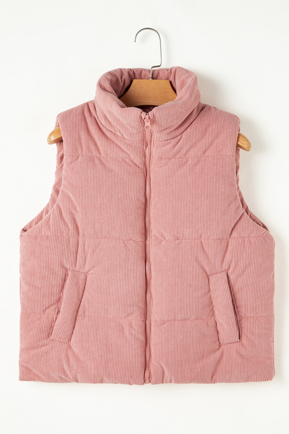 Apricot Pink Corduroy Stand Neck Zipped Puffer Vest by De...