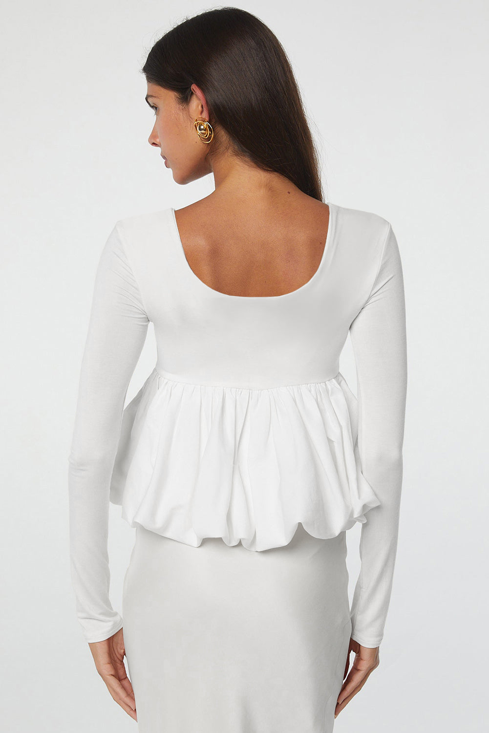 White U Neck Long Sleeve Bubble Hem Top for Women
